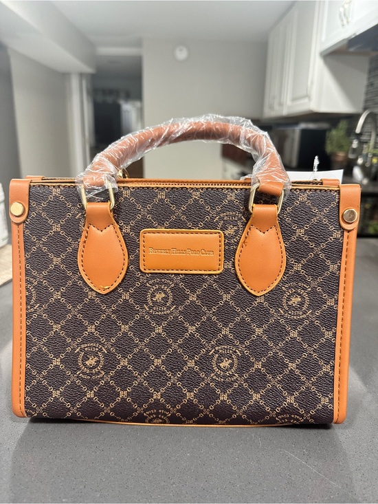 Berverly Hills Handbags - Brown Patterned Crossbody Bag with Tan Trim